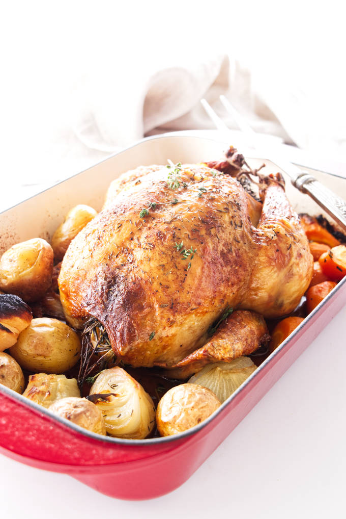 Roasted Chicken and Vegetables in a casserole pan