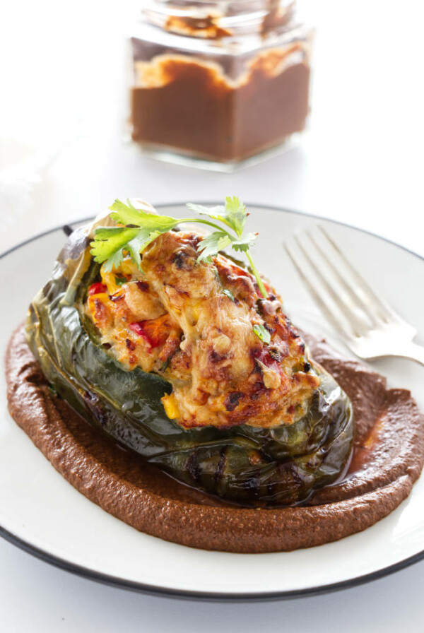 poblano pepper, mole sauce on a plate. Mole sauce in background