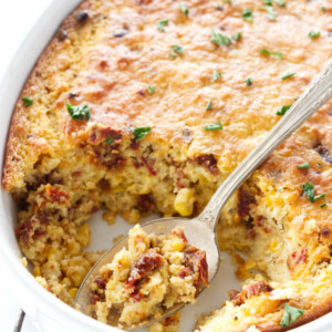 Close up of a baked corn casserole