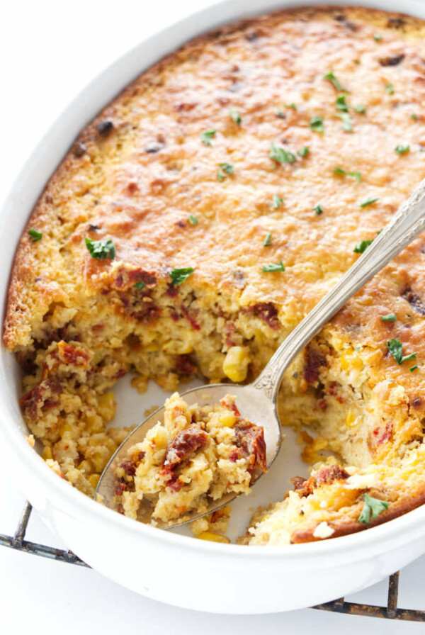 Close up of a baked corn casserole