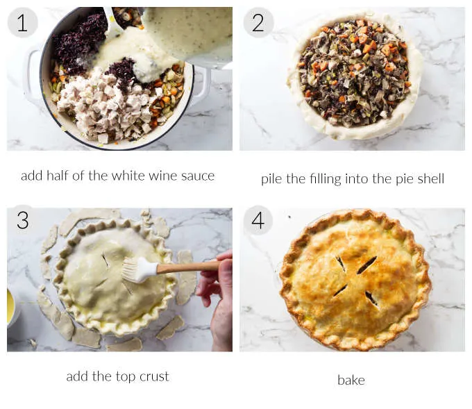 A collage of four photos showing how to make chicken pot pie.