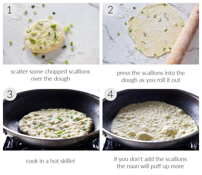 A collage of four photos showing how to make einkorn naan.