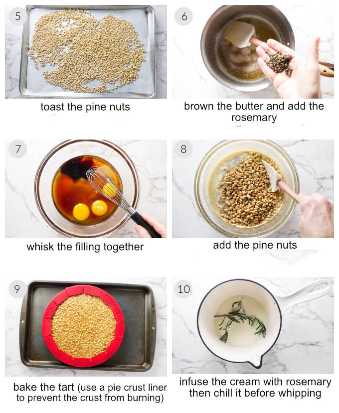 A collage of six photos showing how to make a honey pine nut tart.