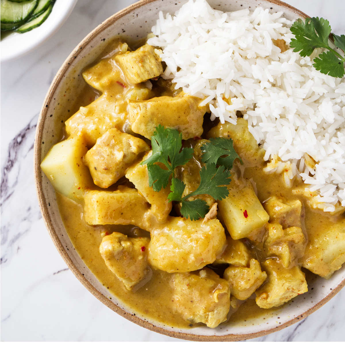 A bowl of curry chicken over rice.