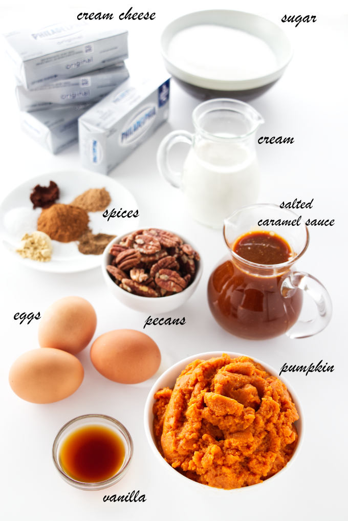 Ingredients for pumpkin pecan cheesecake with sated caramel