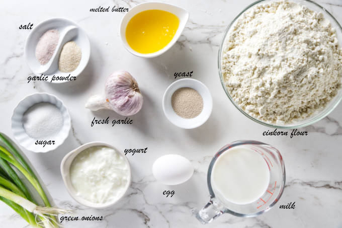 Ingredients used to make einkorn naan bread.