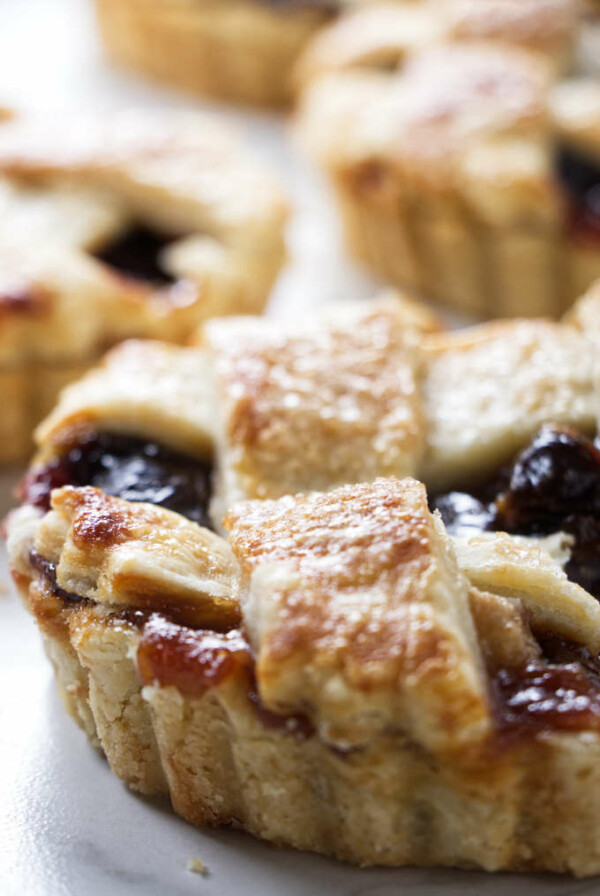 A 6-inch tart filled with dried cherries and fresh pears.