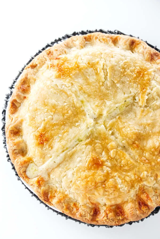 Flakey, golden brown pie crust on a pot pie.