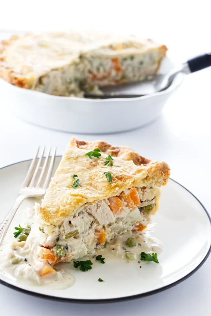 Homemade turkey pot pie on a plate and in a pie dish.