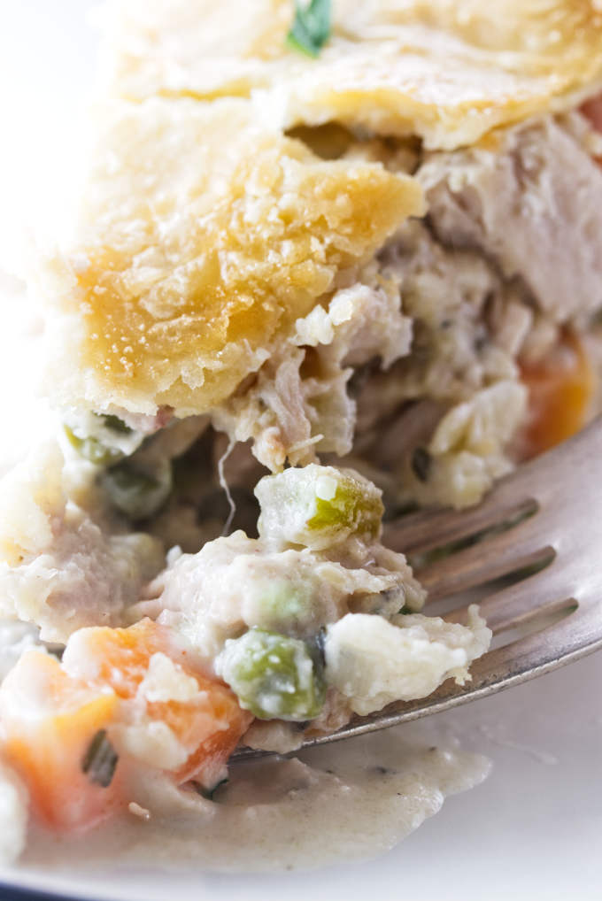 A slice of turkey pot pie and a fork.