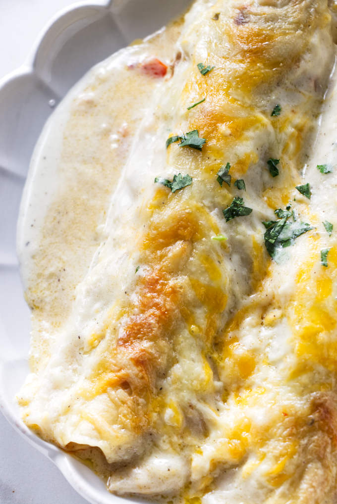 White chicken enchiladas on a plate.