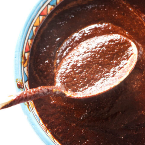 A spoon scooping some red chile sauce out of a bowl.