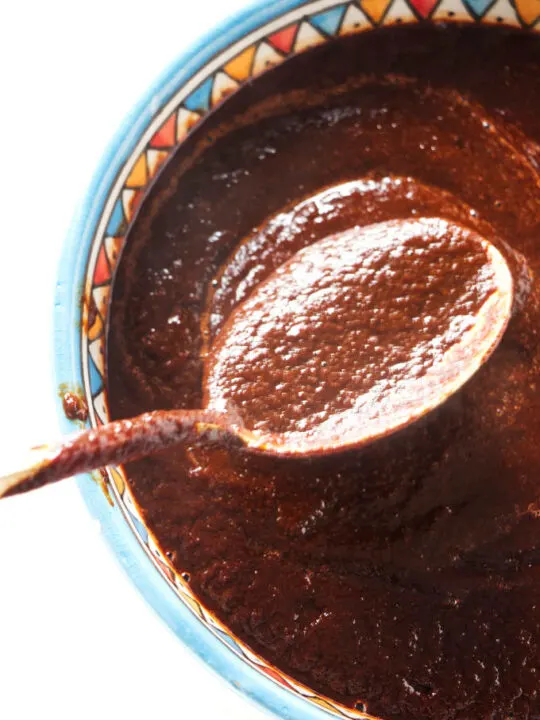 A spoon scooping some red chile sauce out of a bowl.