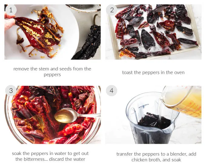 A collage of four photos showing how to make red chile sauce from dried chiles.