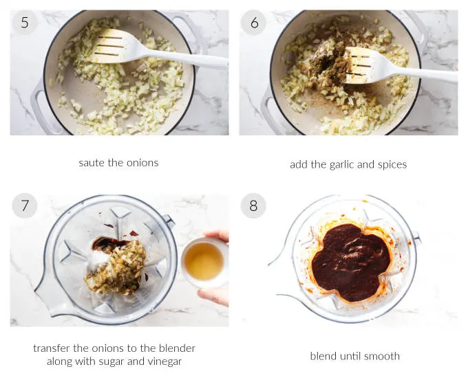 A collage of four photos showing how to make red chile sauce.
