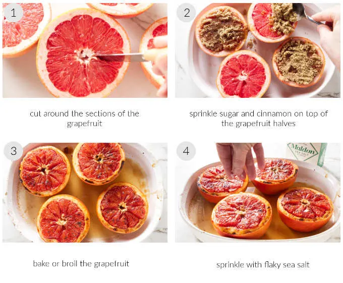 A collage of four photos showing how to make baked grapefruit.