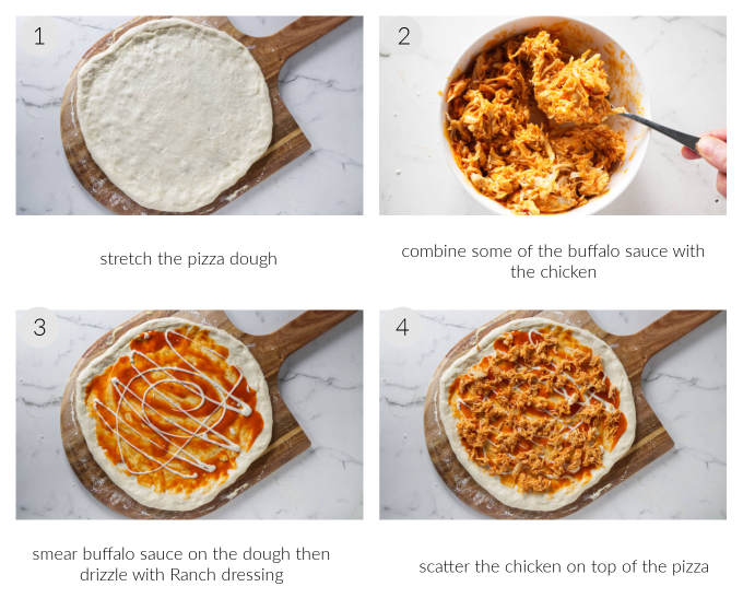 A collage of four photos showing how to prepare a buffalo chicken pizza.