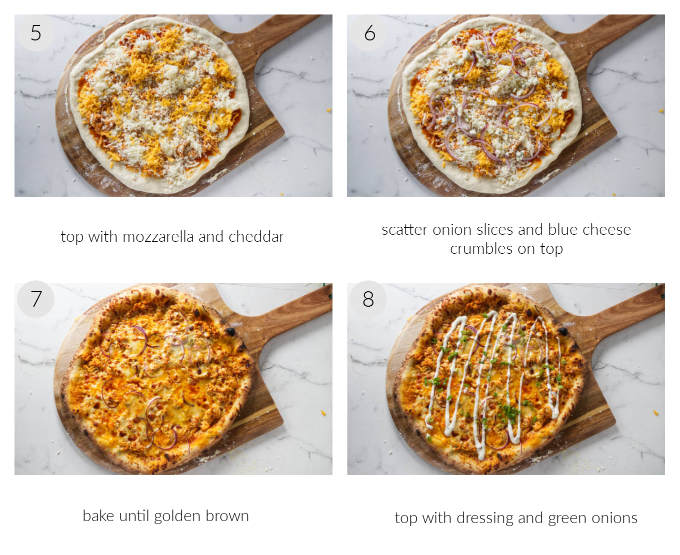 A collage of four photos showing how to make a buffalo chicken pizza.