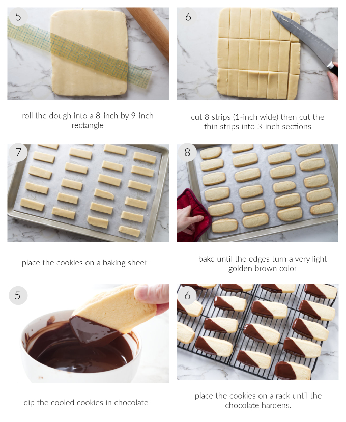 A collage of six photos showing how to make chocolate dipped shortbread cookies.