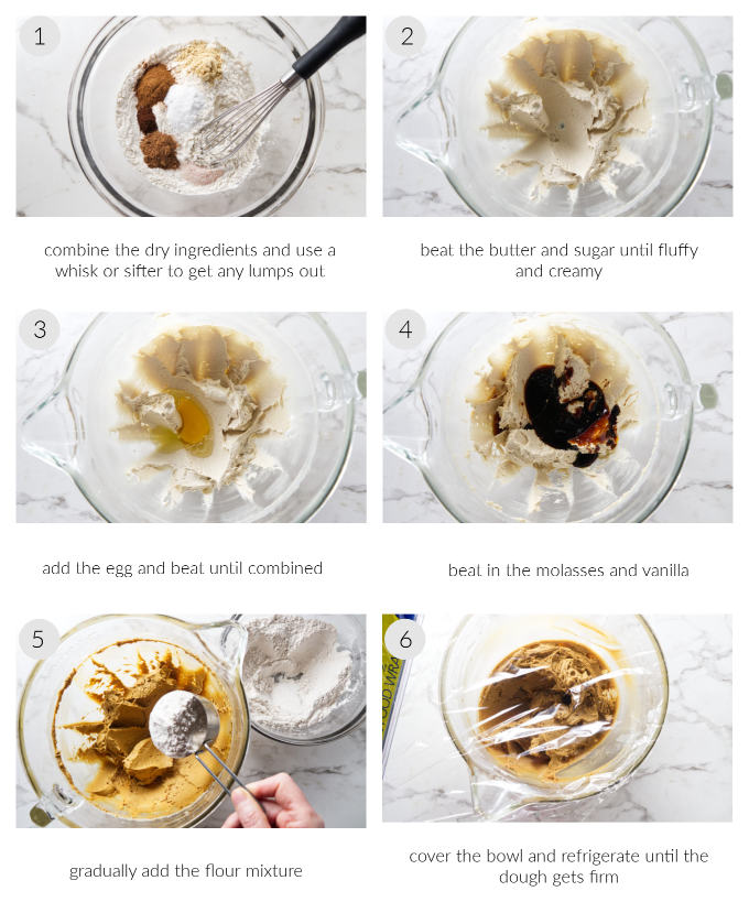A collage of six photos showing how to make gingerbread crinkle cookies.