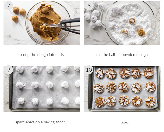 A collage of four photos showing the steps for making gingerbread crinkle cookies.
