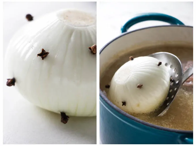 A collage of two photos showing how to stud an onion to use in Swedish pea soup.