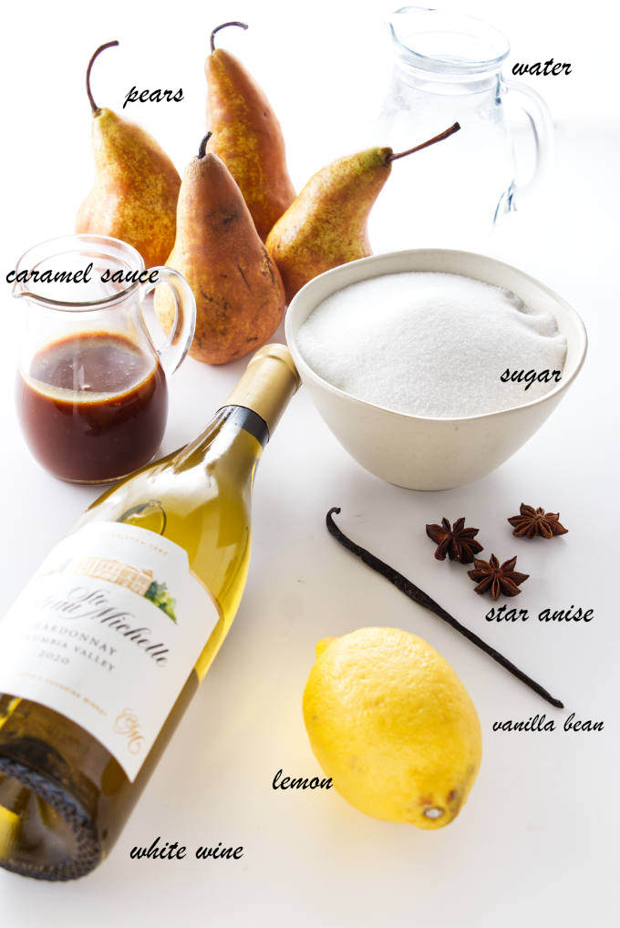 Ingredients for white wine poached pears with salted caramel sauce