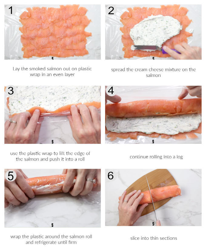 A collage of six photos showing how to roll the smoked salmon pinwheels.
