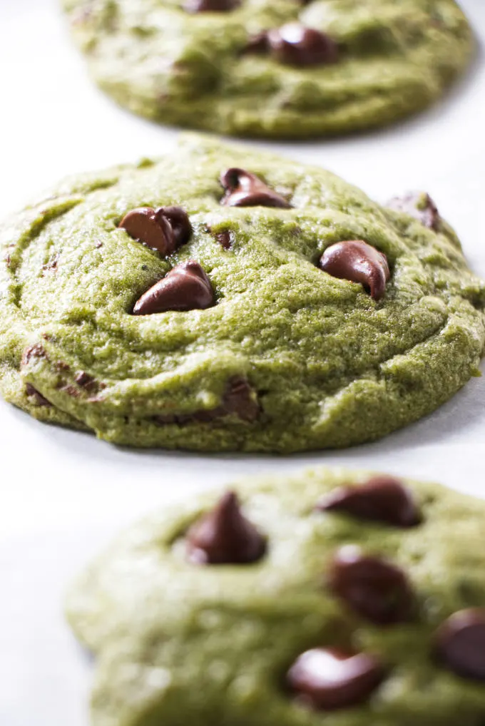 Matcha chocolate chip cookies fresh out of the oven.