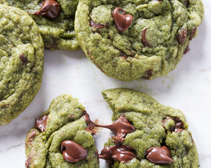 Bright green chocolate chip cookies made with matcha tea powder.