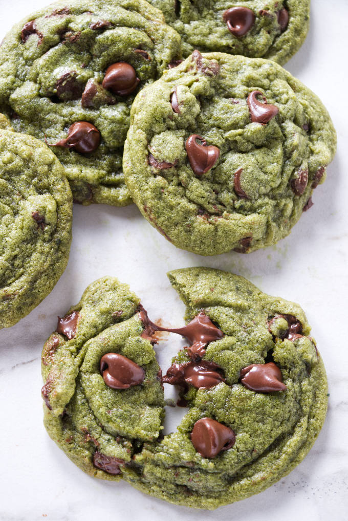 Bright green chocolate chip cookies made with matcha tea powder.