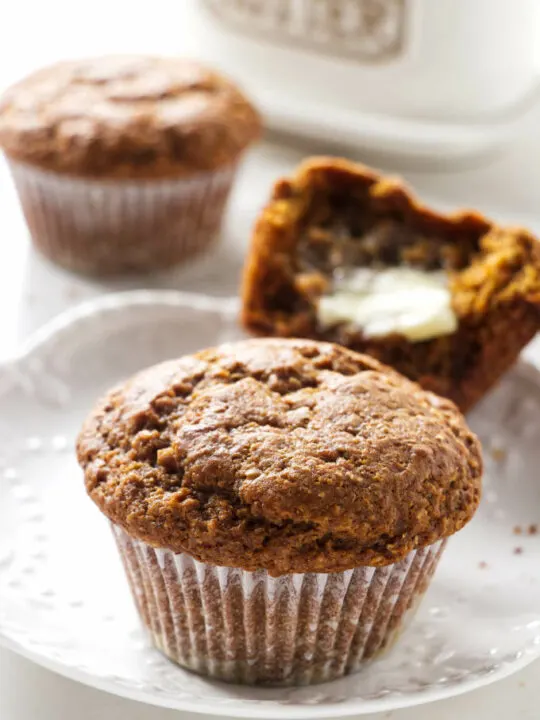 Bran muffins on a plate.