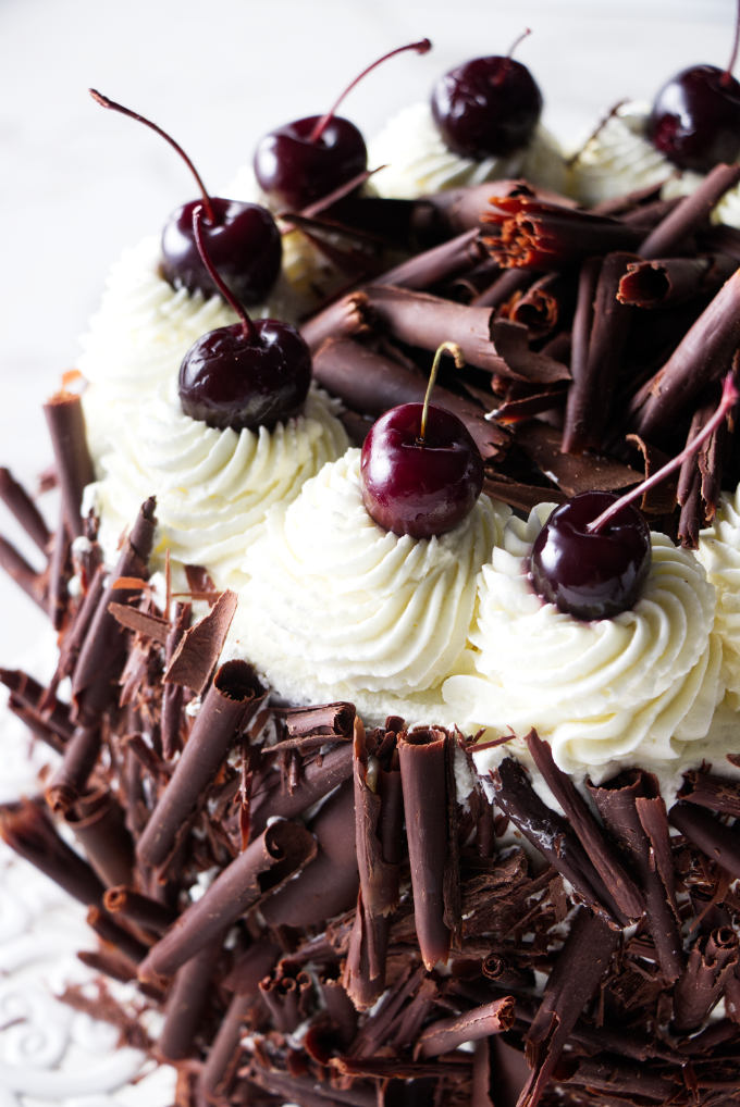Dark cherries and chocolate rolls on a black forest cherry gateau cake.