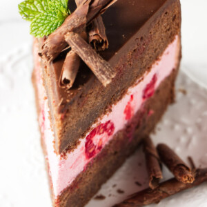 A slice of chocolate sponge cake filled with raspberry mousse cake filling.