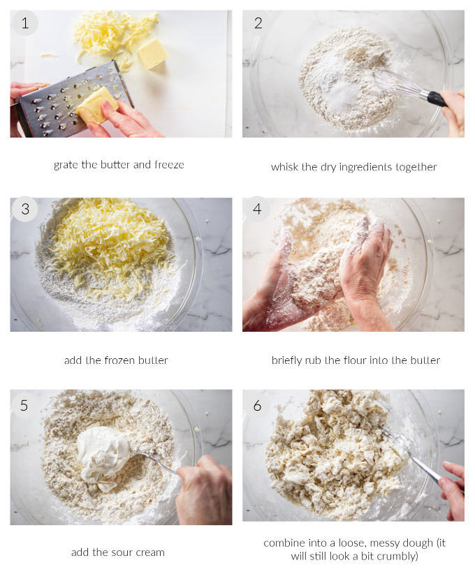 Six photos showing how to mix butter and sour cream into biscuit dough.