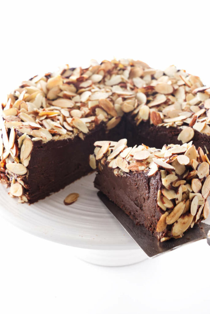 Almond covered flourless chocolate truffle cake