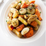 Overhead view of a bowl of roasted veggies