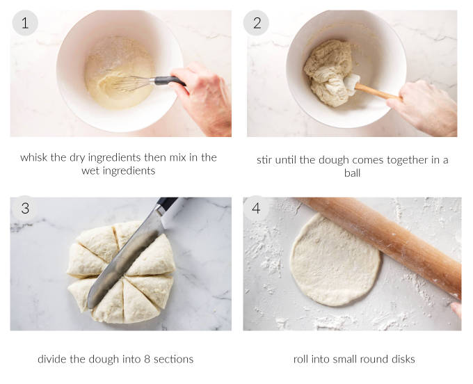 Four photos showing how to make fry bread without yeast.