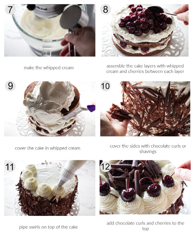 A collage of six photos showing how to assemble a black forest cake.