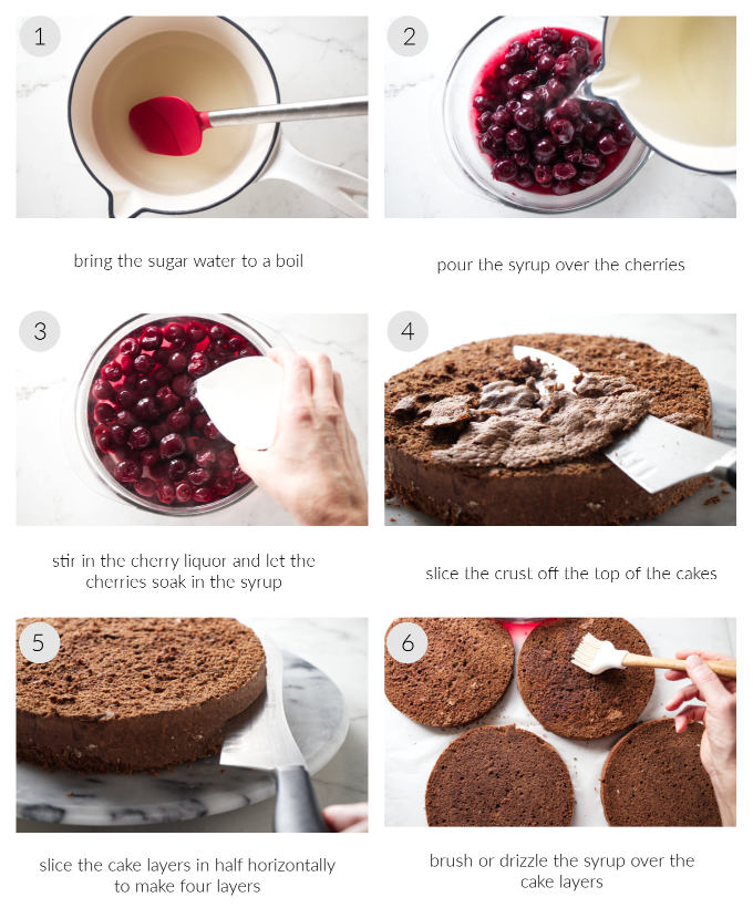 A collage of six photos showing how to make the syrup to soak sponge cakes.