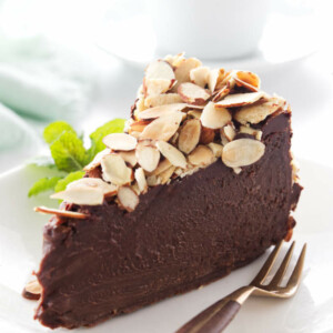 Close up of a slice of chocolate truffle cake