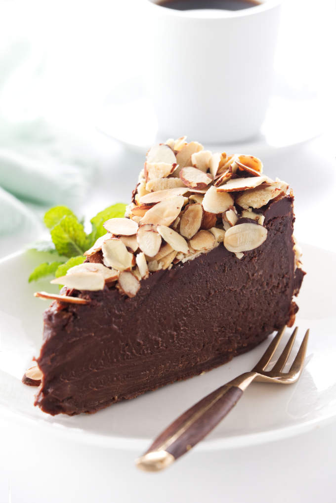 Close up of a slice of chocolate truffle cake