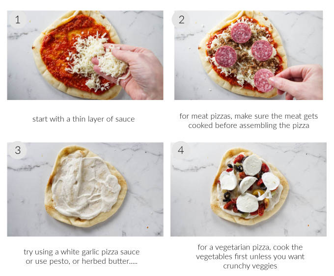 A collage of four pizzas showing how to assemble pizza on naan bread.
