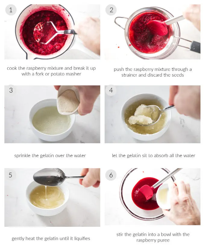 A collage of six photos showing how to make raspberry mousse.