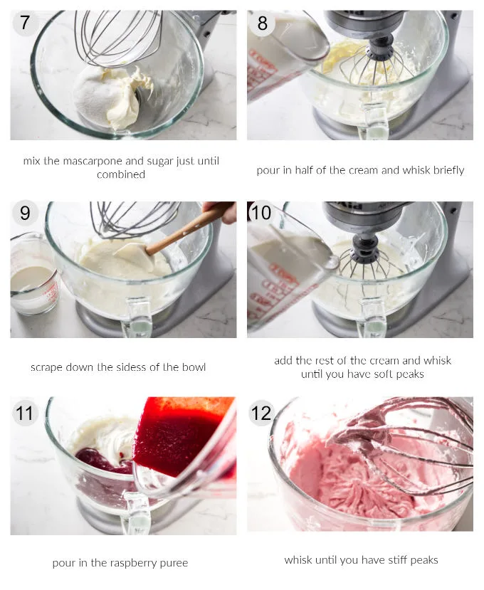 A collage of six photos showing how to make raspberry mousse.