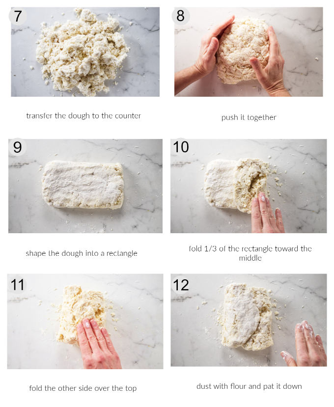 Six photos showing how to press dough together and shape it.