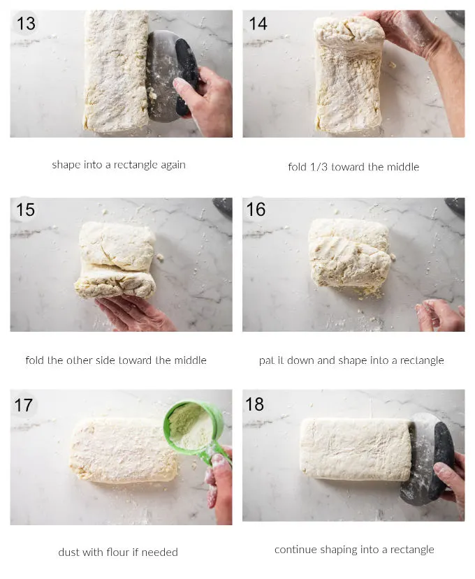 Six photos showing how to shape and fold biscuit dough.