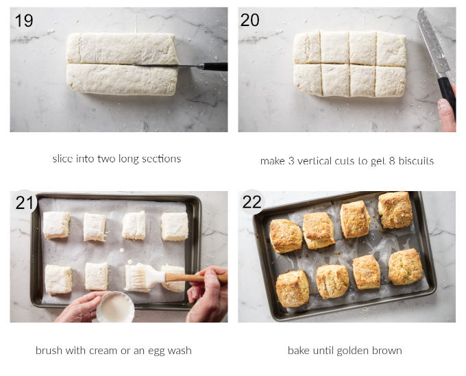 Four photos showing how to slice and bake biscuits.