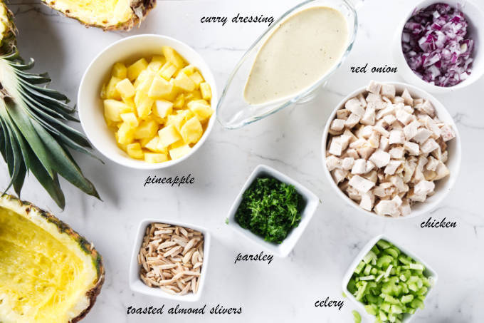 Ingredients used to make pineapple chicken salad.