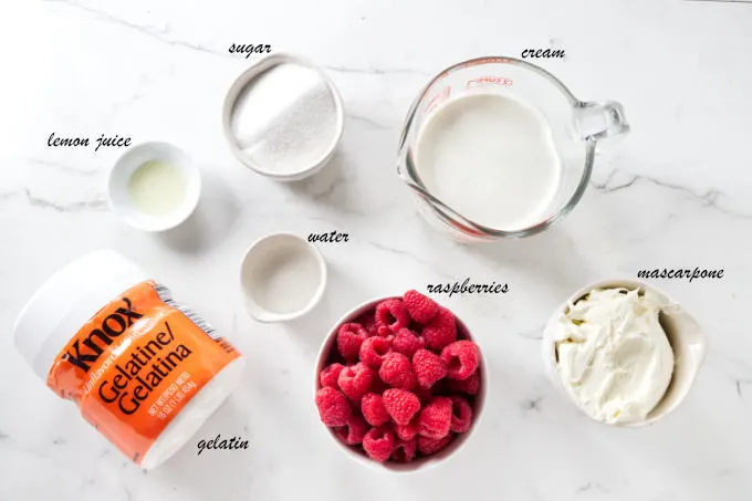 Ingredients used to make raspberry mousse.